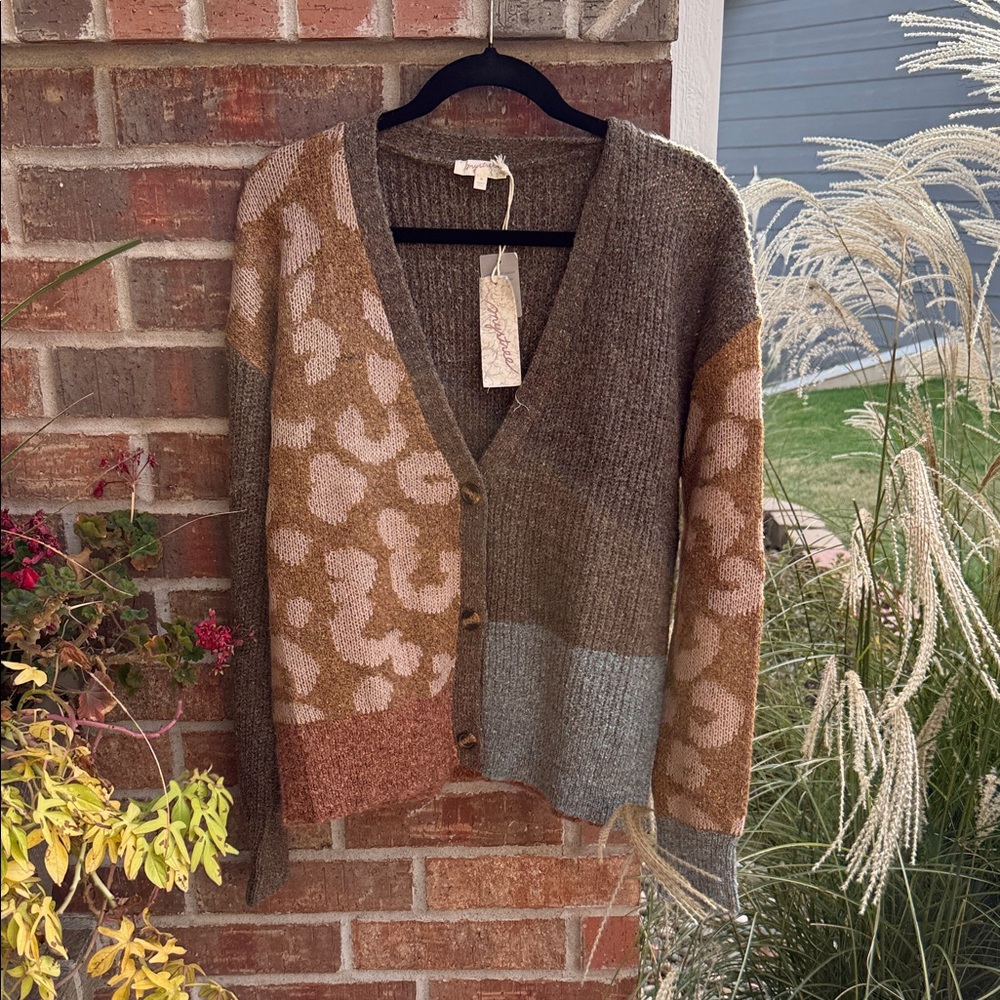 Mystree Olive Brown Tan Patchwork Leopard V-Neck Cardigan Medium P